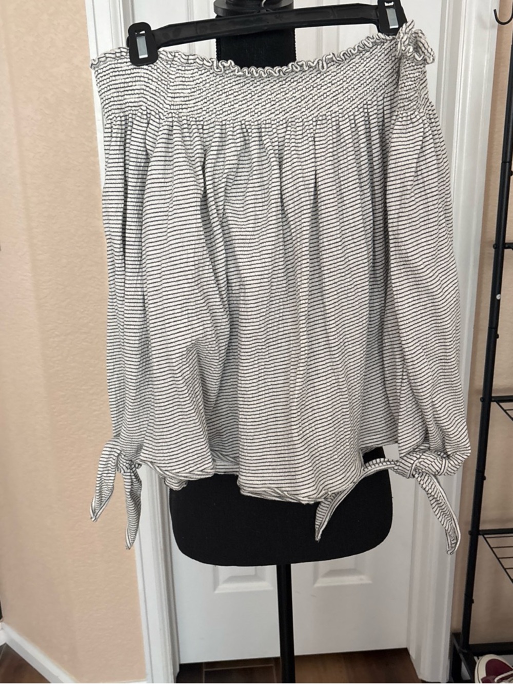 We The Free Black & White Striped Off-Shoulder Tie-Sleeve Blouse